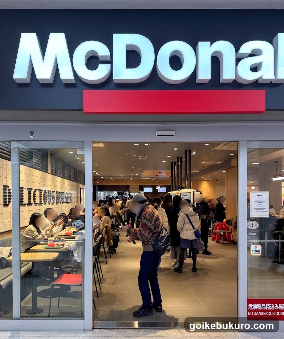 Photo of the physical exterior entrance and storefront facade of a McDonald's restaurant. The illuminated 'McDonald's' sign is visible on the building above the glass doors. Inside, customers are seated at tables or standing in line near the counter.