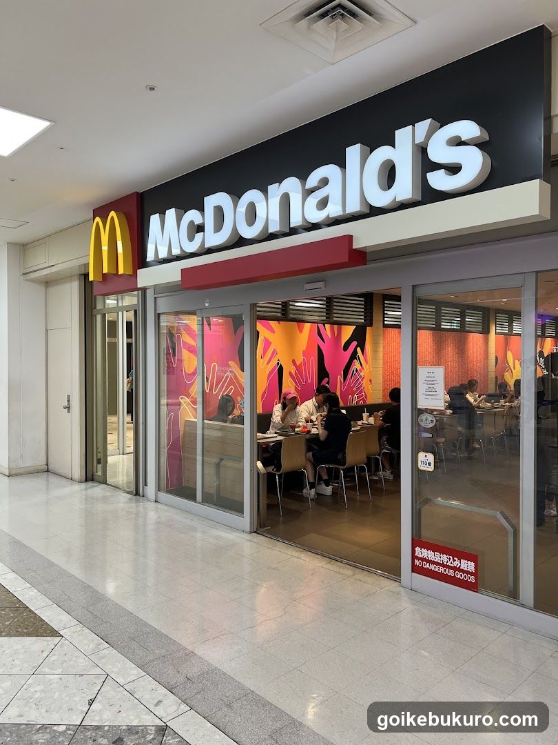 Photo of physical exterior entrance/storefront facade with visible signage. The image shows a McDonald's restaurant with its iconic yellow 'M' logo and white 'McDonald's' lettering on a black background above the glass doors. Inside, customers are seated at tables near colorful wall murals.