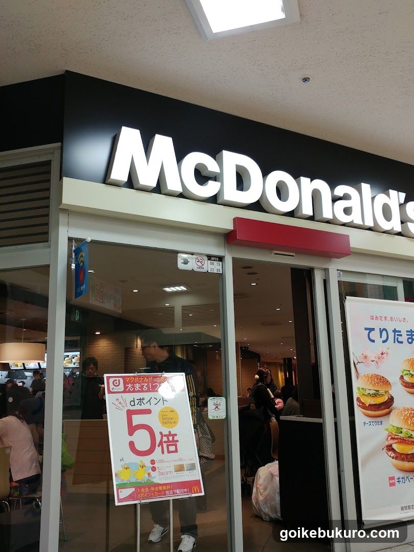Photo of the physical exterior entrance of a McDonald's restaurant, showing illuminated signage on the building facade and glass doors leading into the dining area.