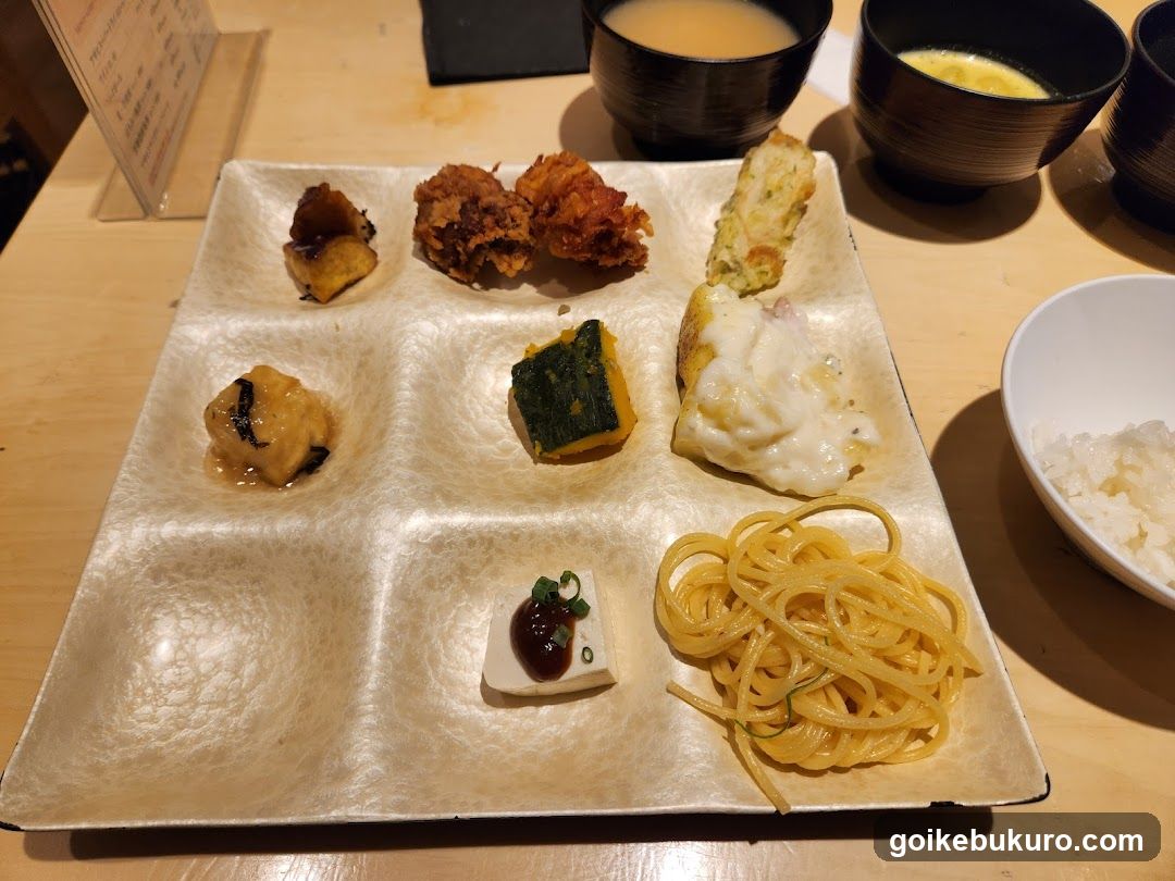 Japanese Appetizer Platter with Pasta and Rice Bowl