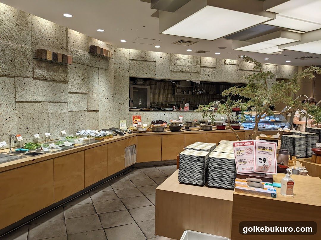 Restaurant Interior with Buffet and Decorative Plants