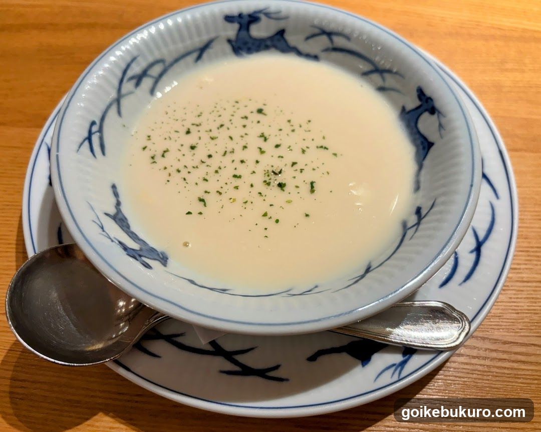 Creamy Soup in Blue-White Bowl