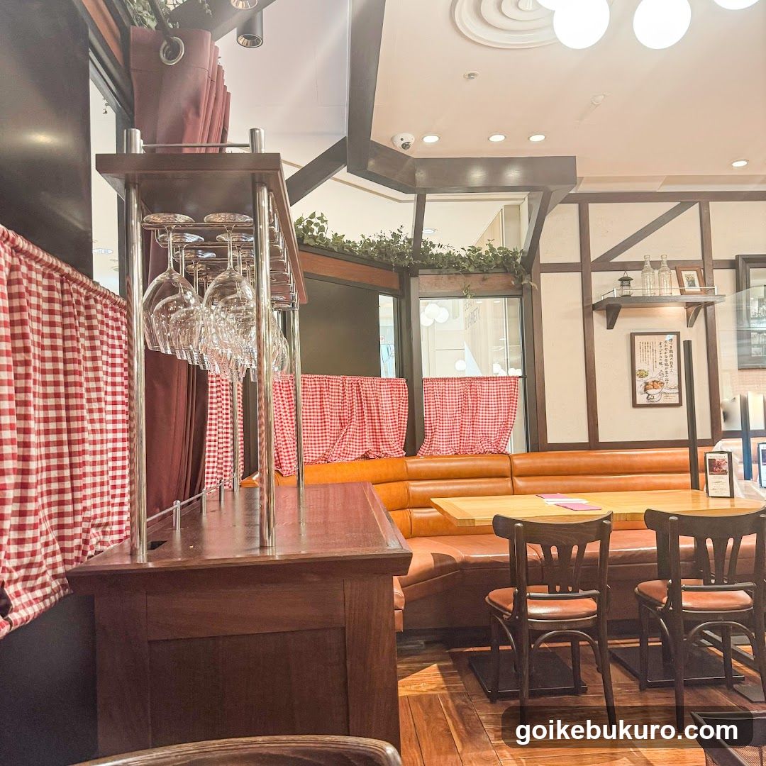 Restaurant Interior with Red Checkered Curtains and Wine Rack