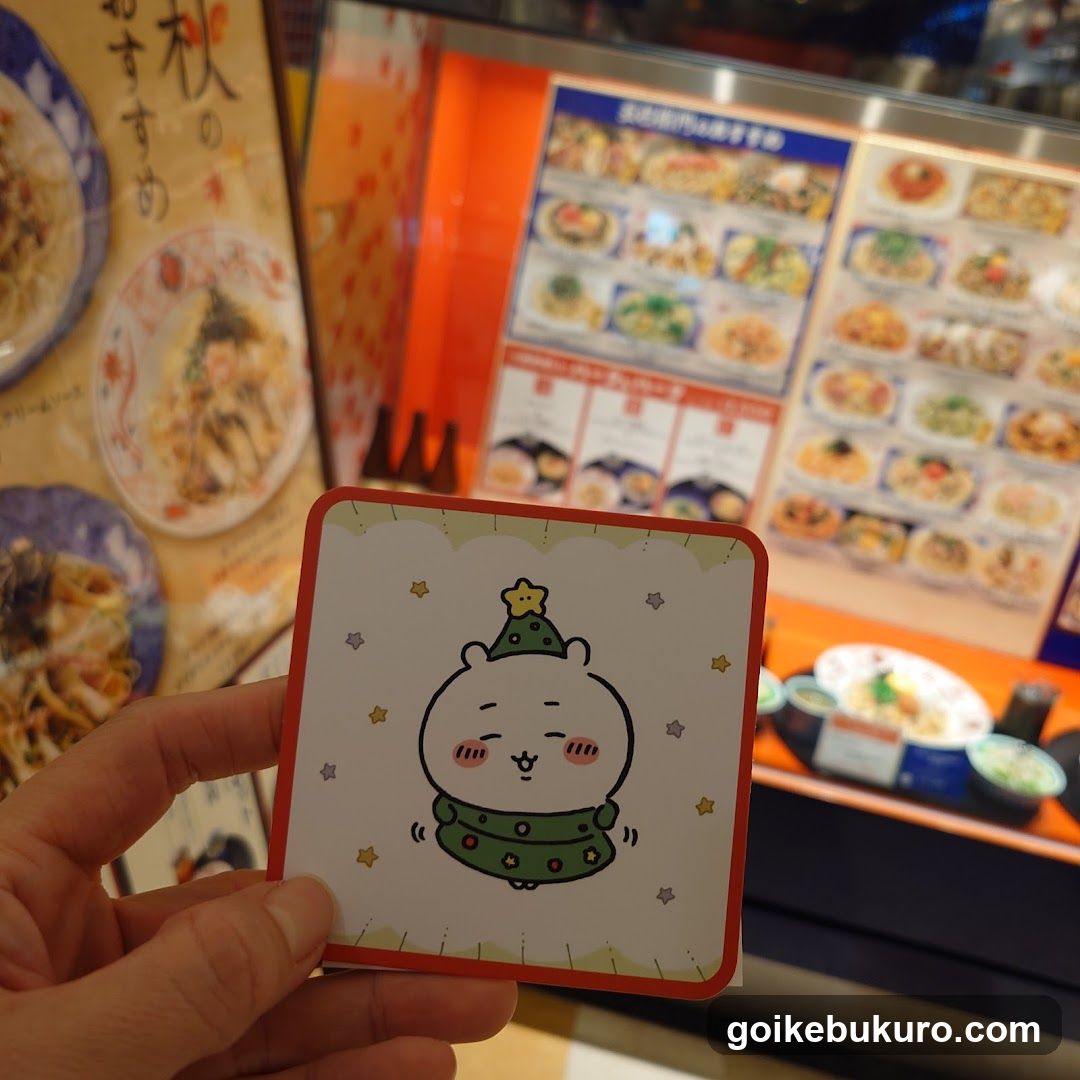 Chibi character sticker held in hand near food counter