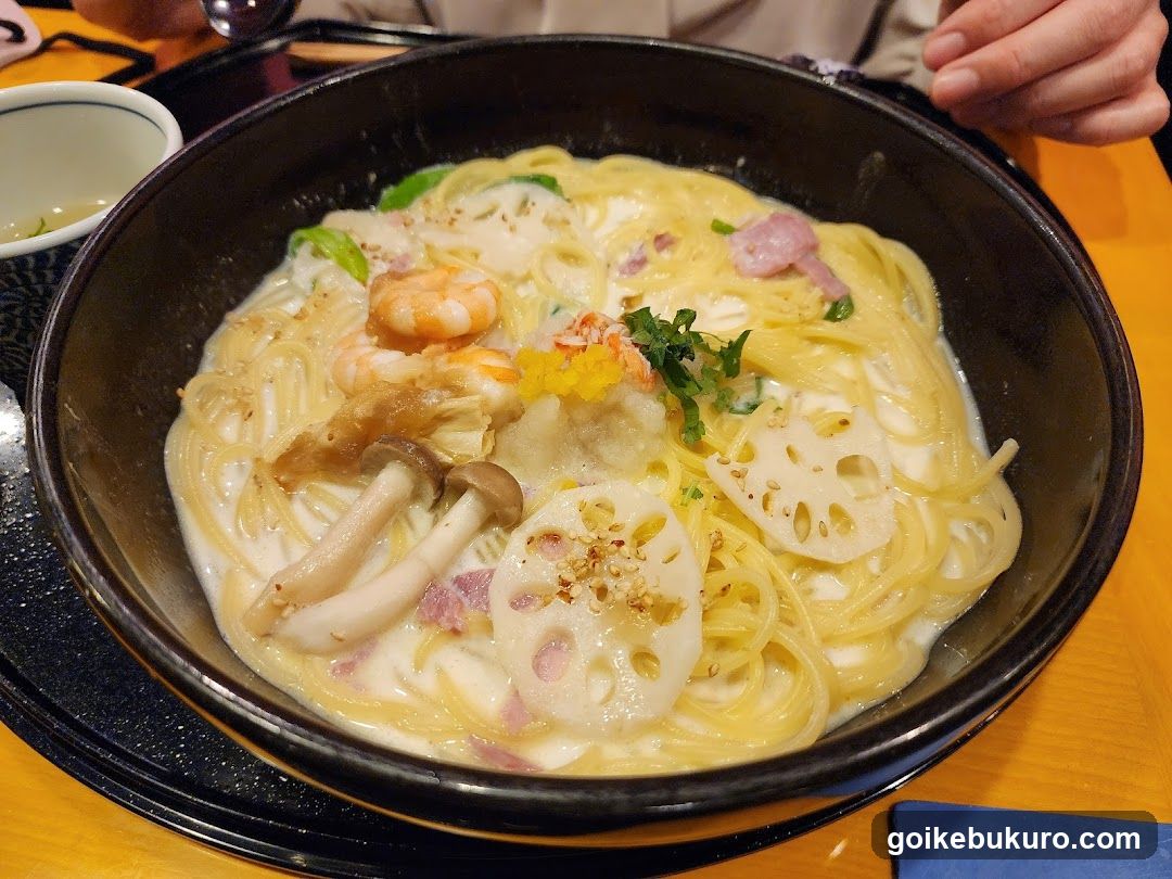Creamy Pasta Dish with Shrimp and Lotus Root