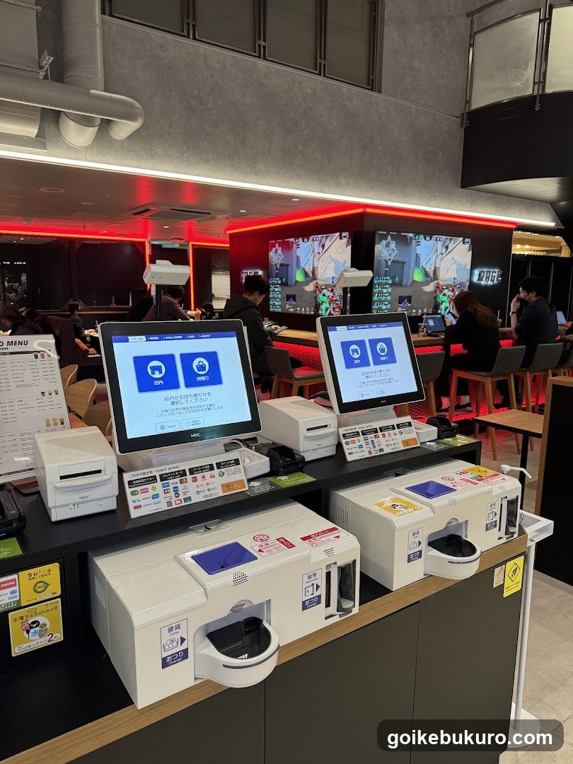 Counter with payment terminals and screens