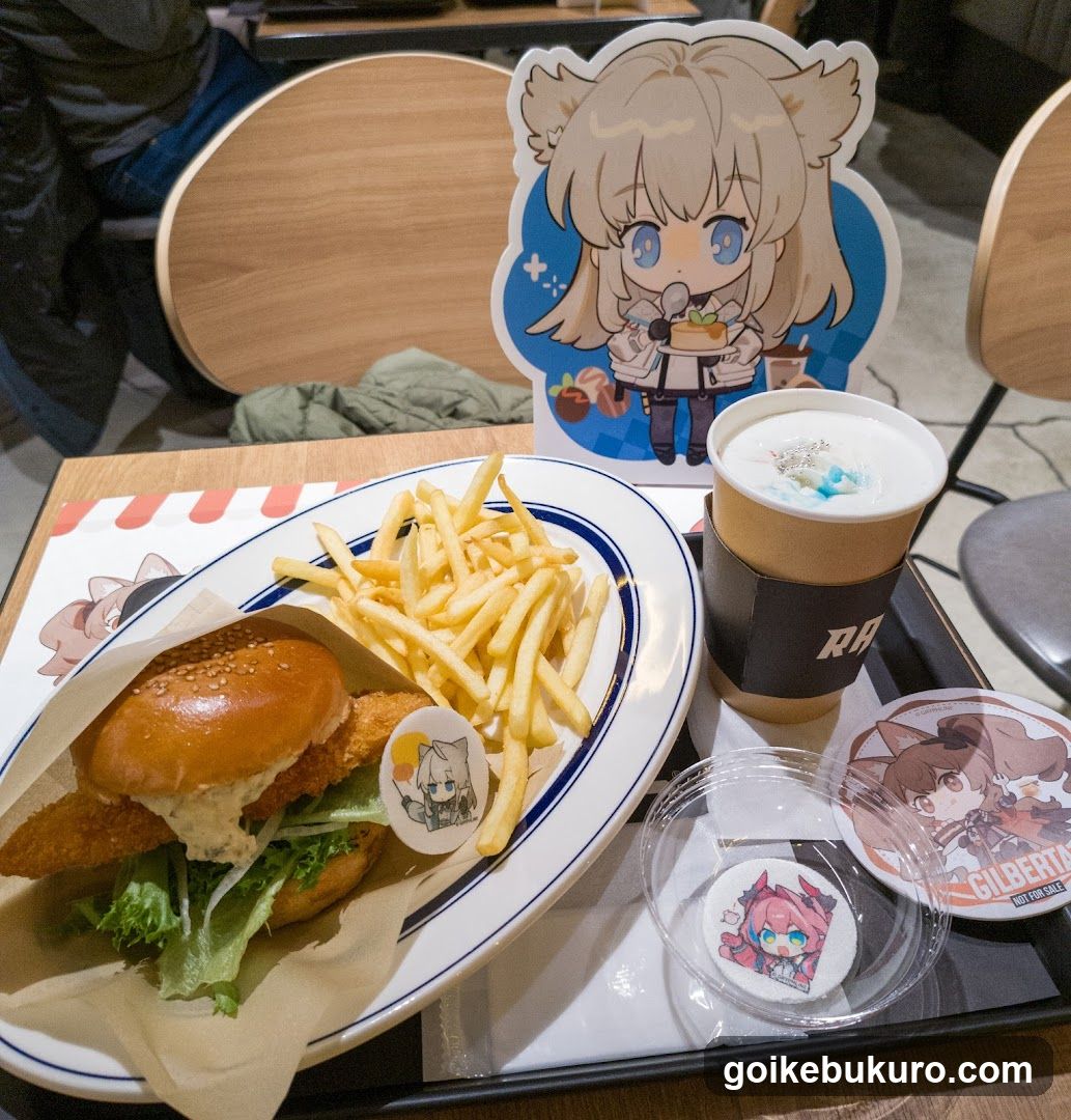 Anime-themed food tray with burger and fries