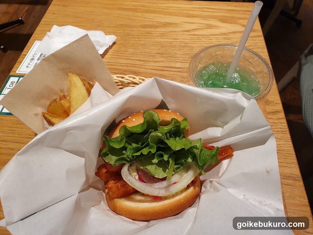Burger and Fries with Green Drink