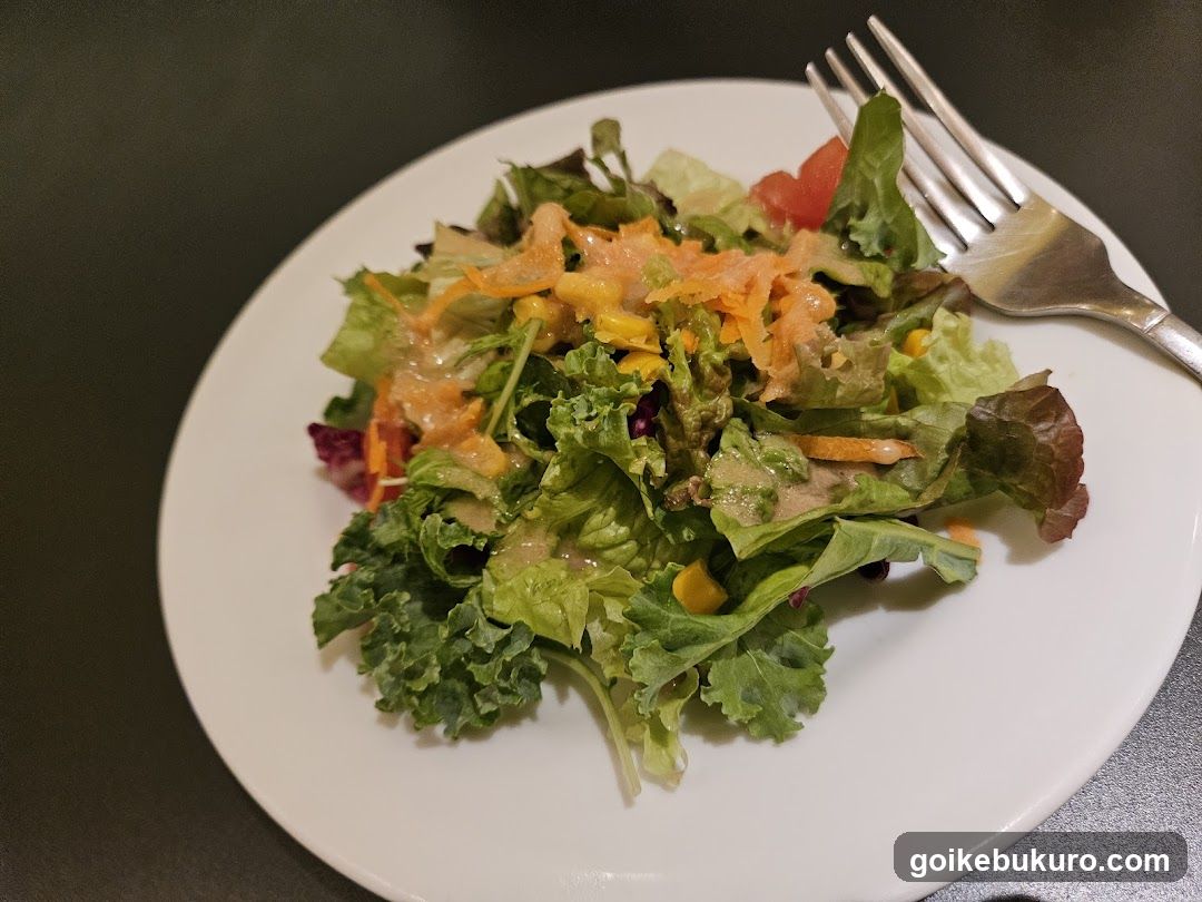 Salad with Dressing and Fork on White Plate