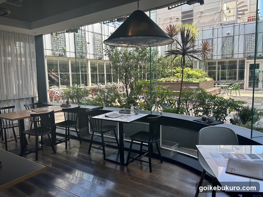 Interior View of Modern Cafe with Garden Patio