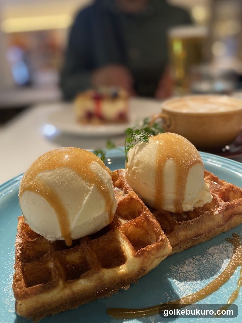 Waffles with Ice Cream and Caramel Sauce