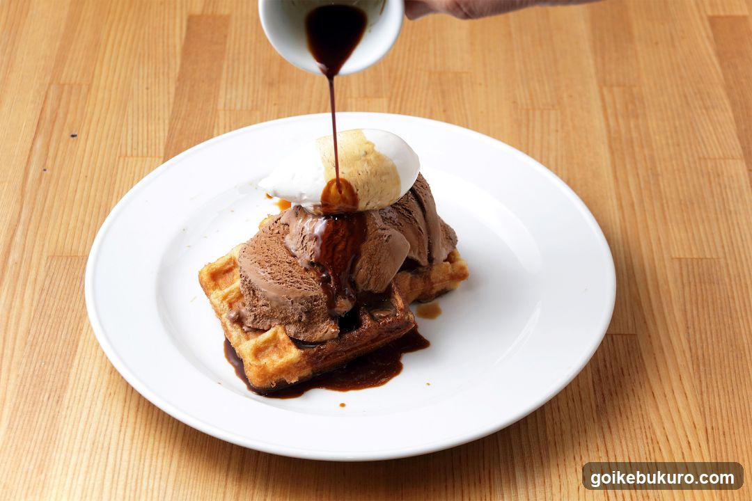 Waffle with Ice Cream and Syrup