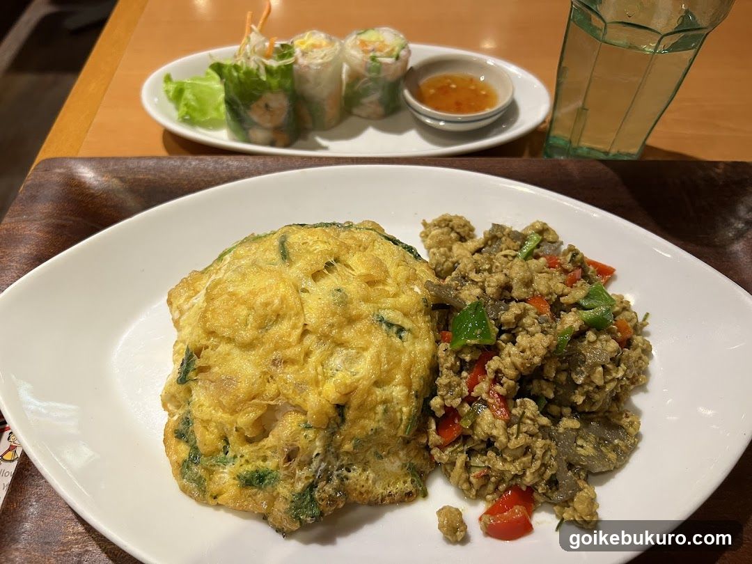 Thai Meal with Spring Rolls and Omelette