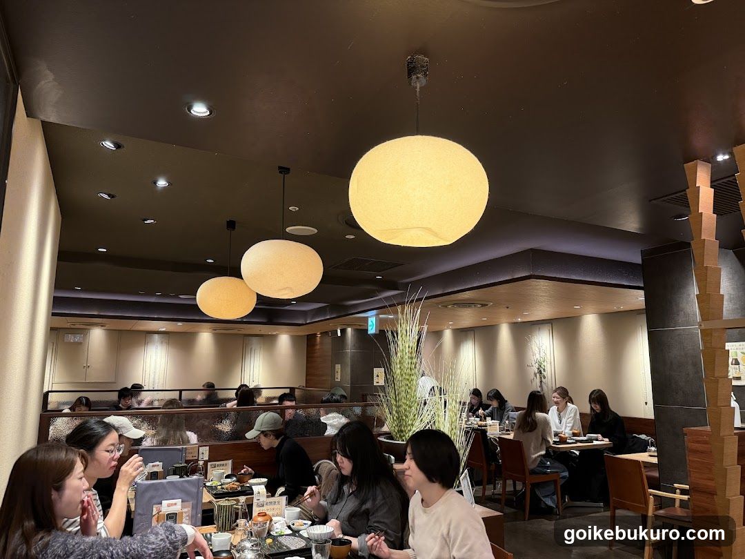 Restaurant Interior with Hanging Lamps and Patrons
