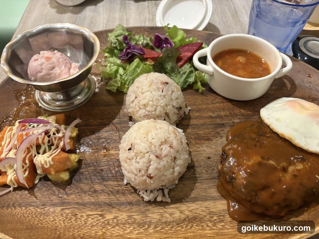 Bento-style meal on wooden board