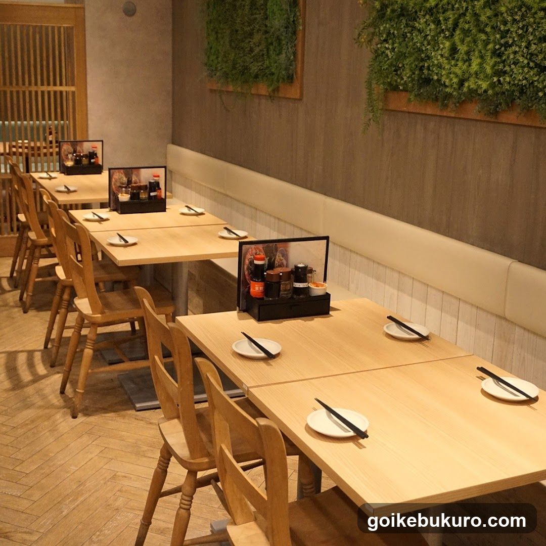 Restaurant Interior with Wooden Tables and Greenery Decor