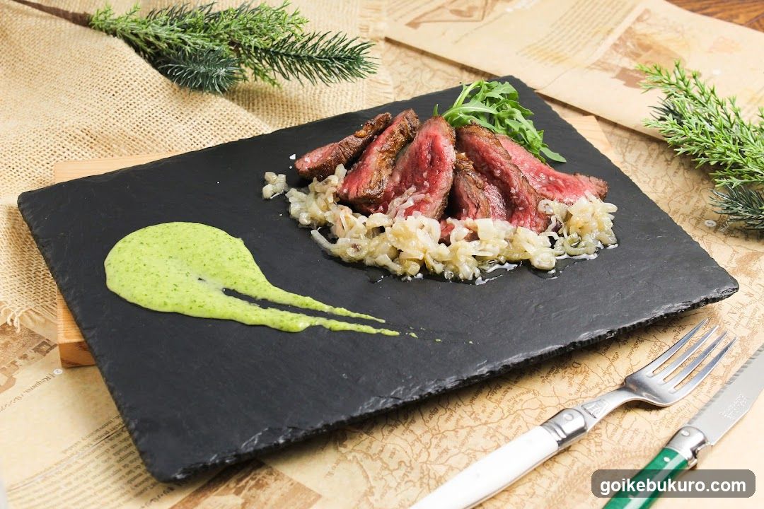 Sliced Steak with Onions and Green Sauce