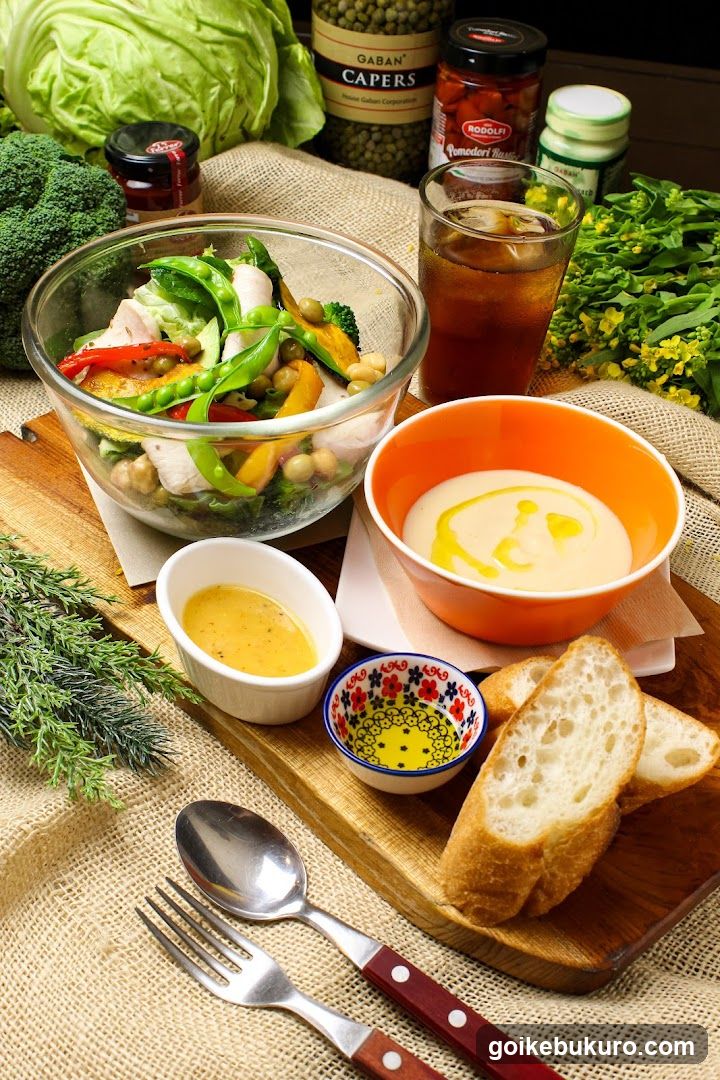 Healthy Meal Spread with Salad and Soup