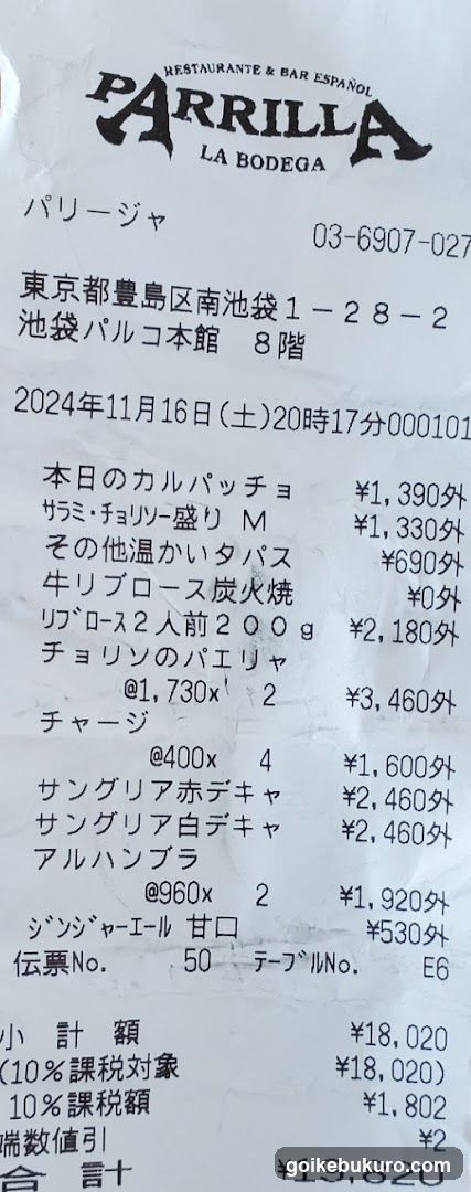 Parrilla La Bodega Receipt