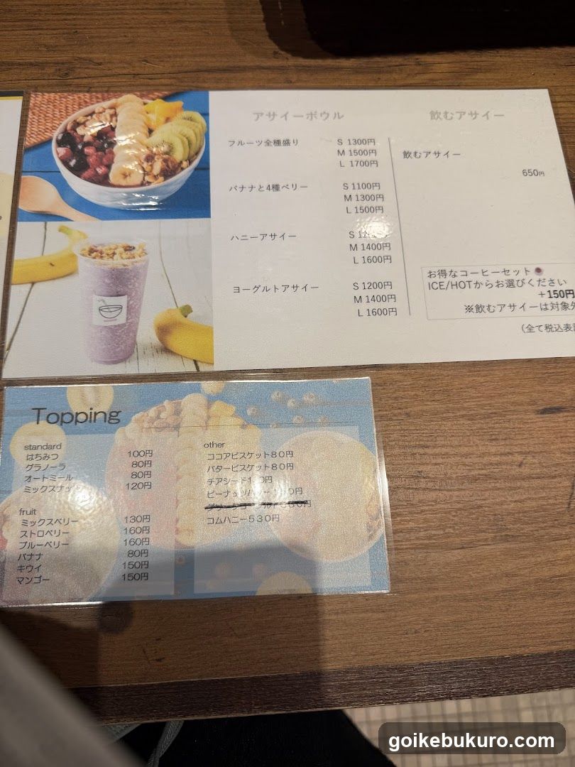 Acai Bowl Menu and Topping List