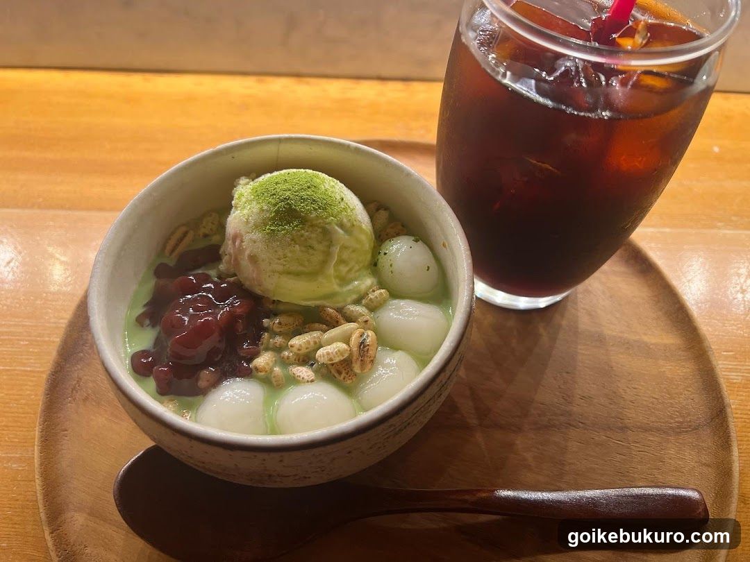 Matcha Dessert with Ice Cream and Drink