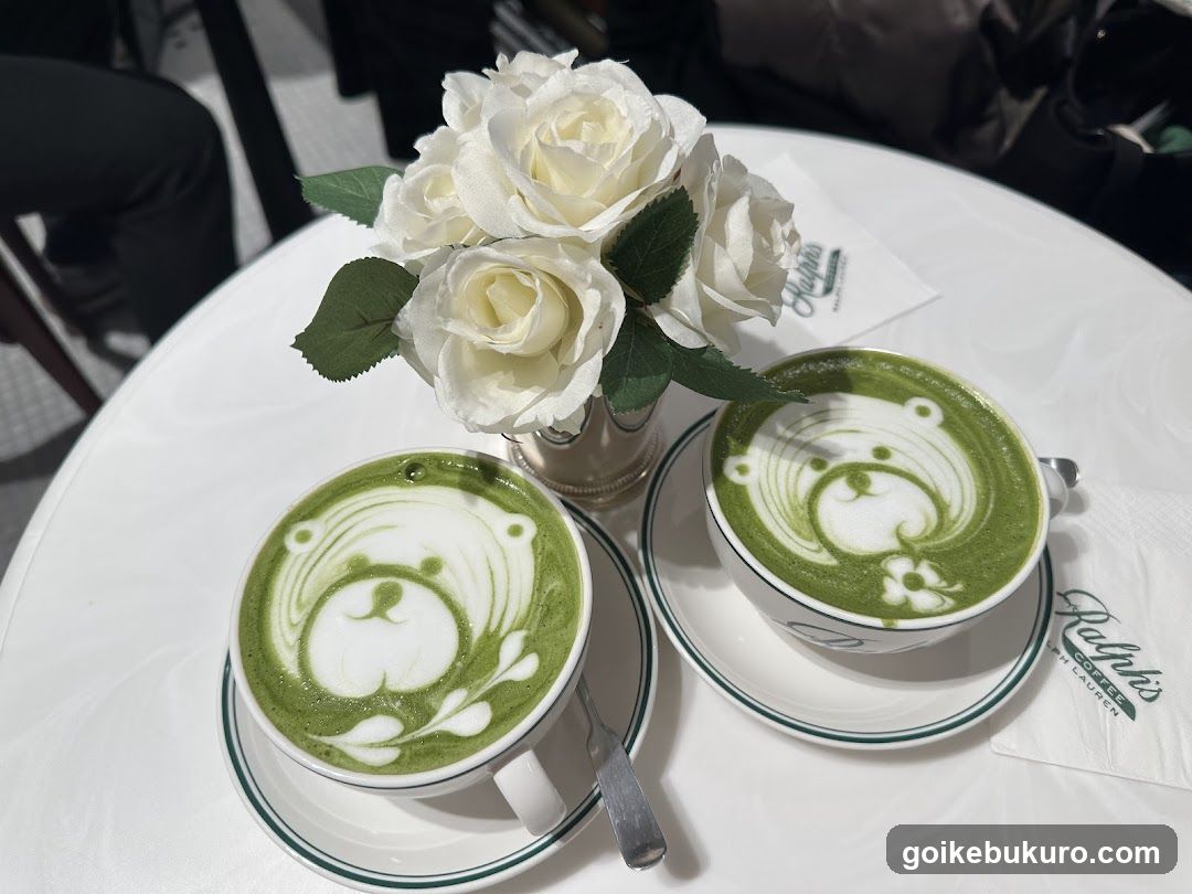 Matcha Latte with Bear Art and White Roses