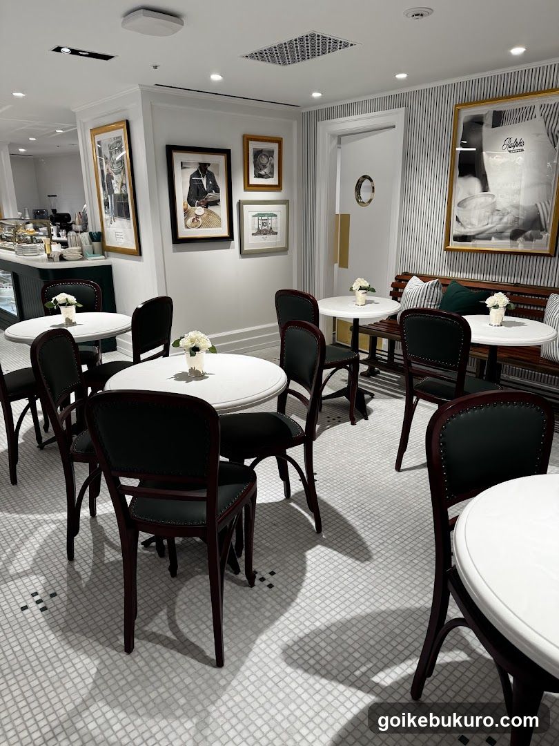 Elegant Dining Interior with Framed Artwork and White Tables