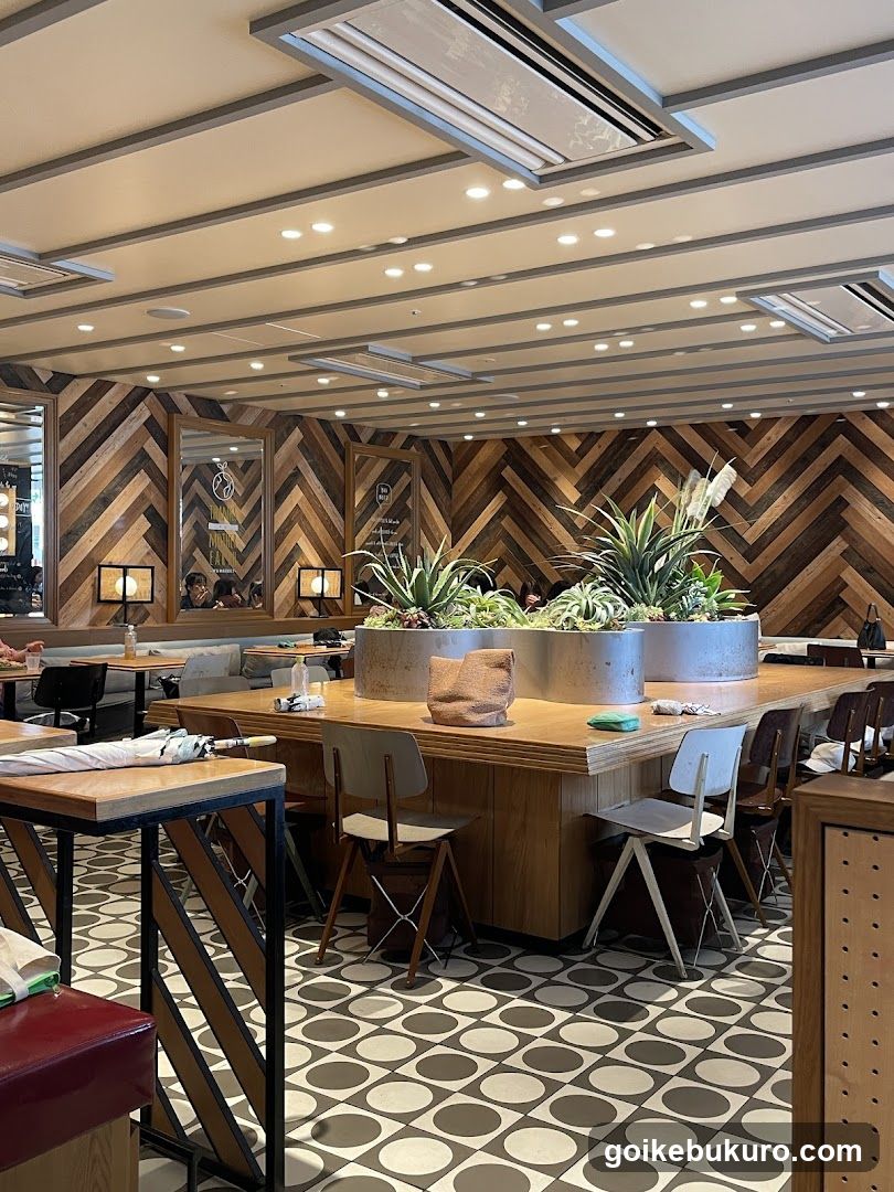Restaurant Interior with Wooden Walls and Potted Plants