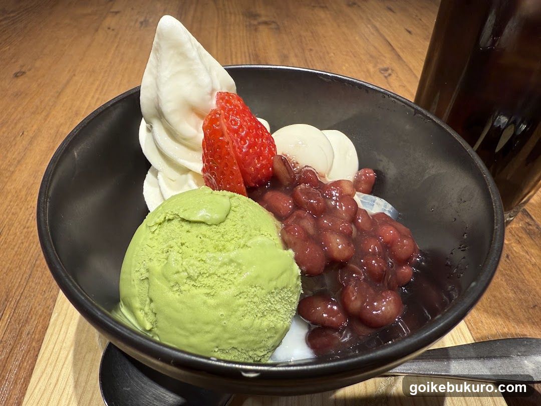 Matcha Ice Cream Bowl with Strawberries and Red Beans