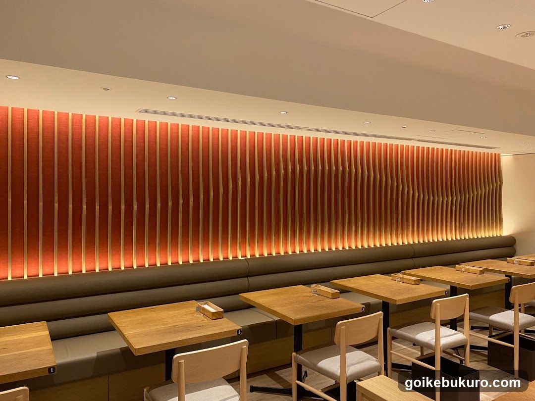 Restaurant Interior with Wooden Tables and Orange Wall Paneling