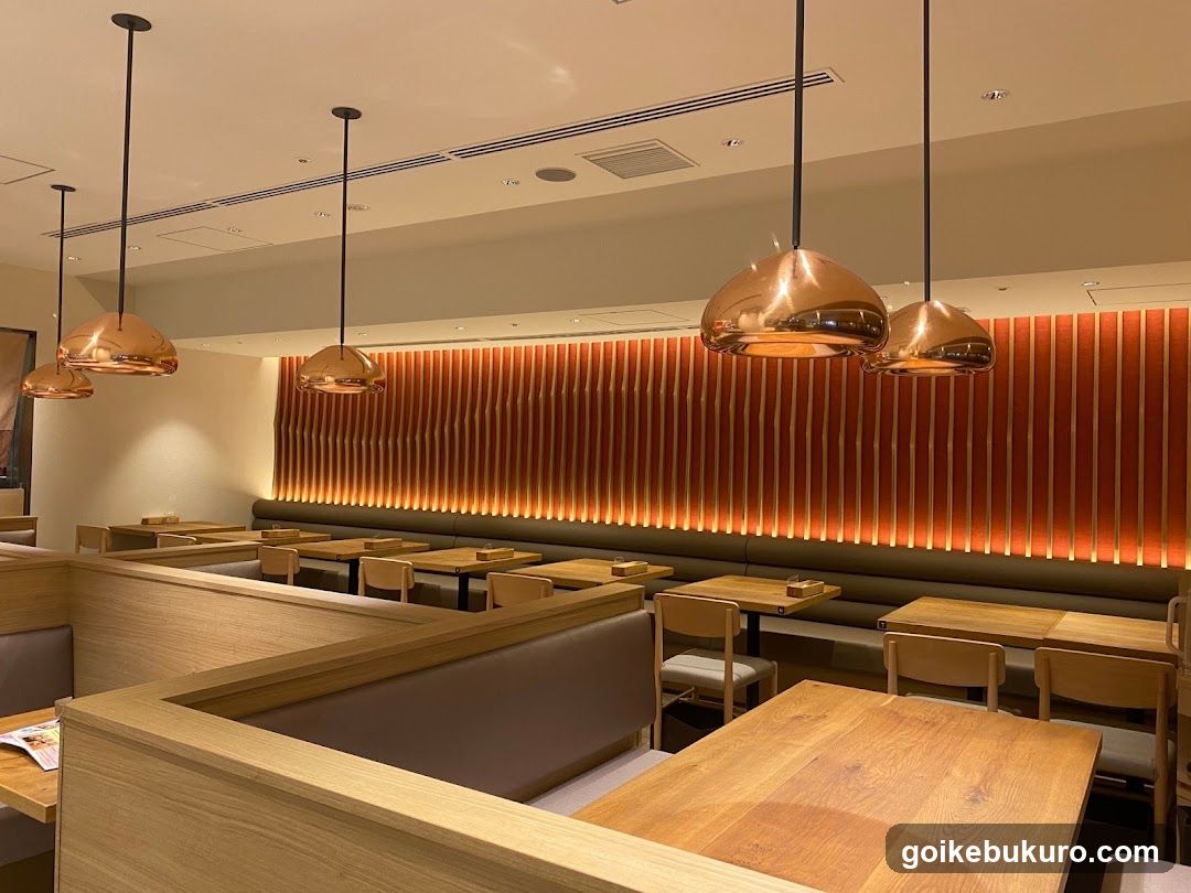 Restaurant Interior with Wooden Tables and Copper Pendant Lights