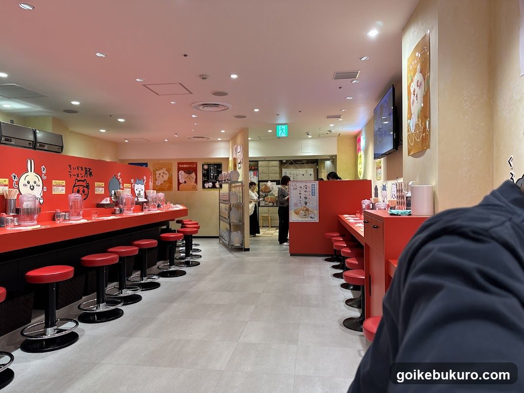 Red-themed restaurant interior with cartoon characters