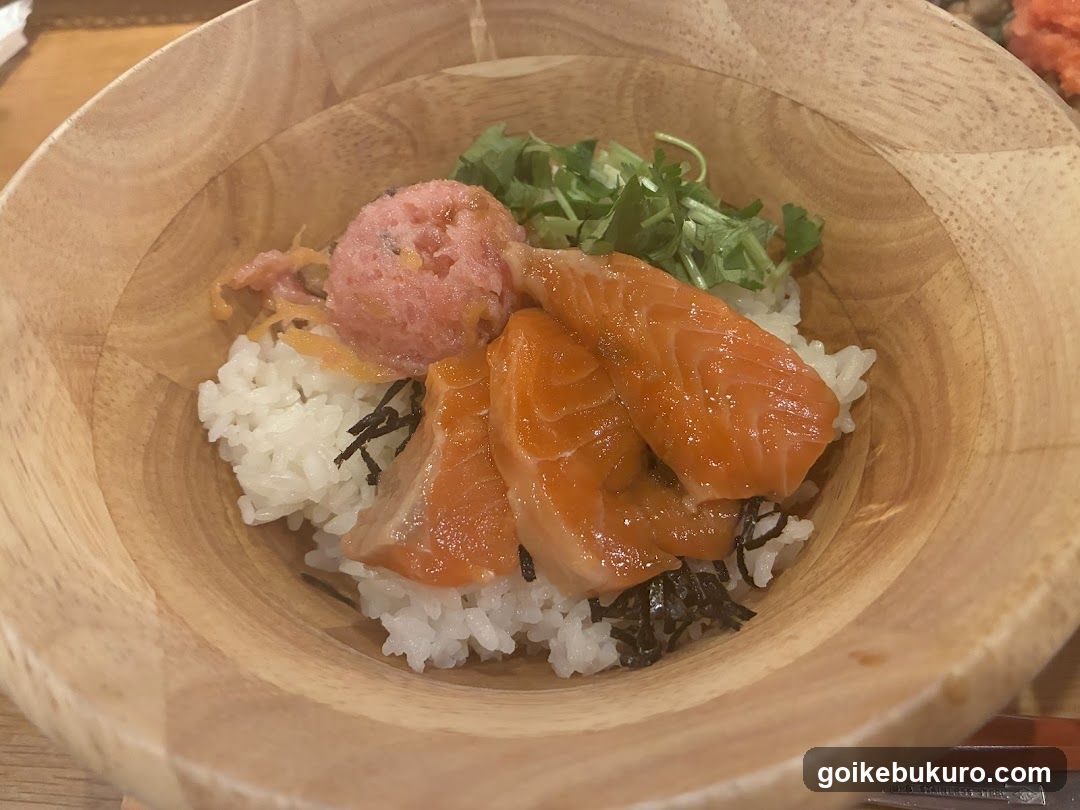 Salmon Rice Bowl in Wooden Bowl