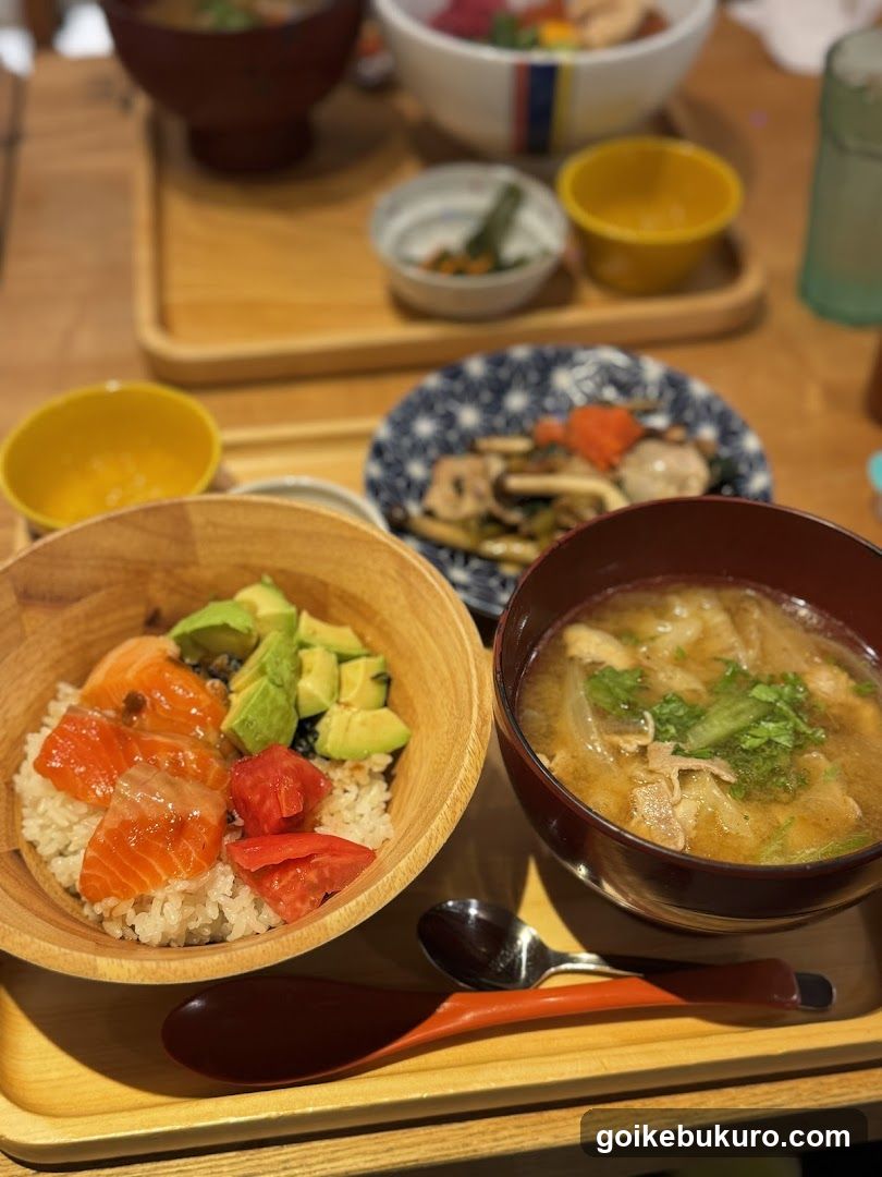 Japanese-style meal on wooden trays