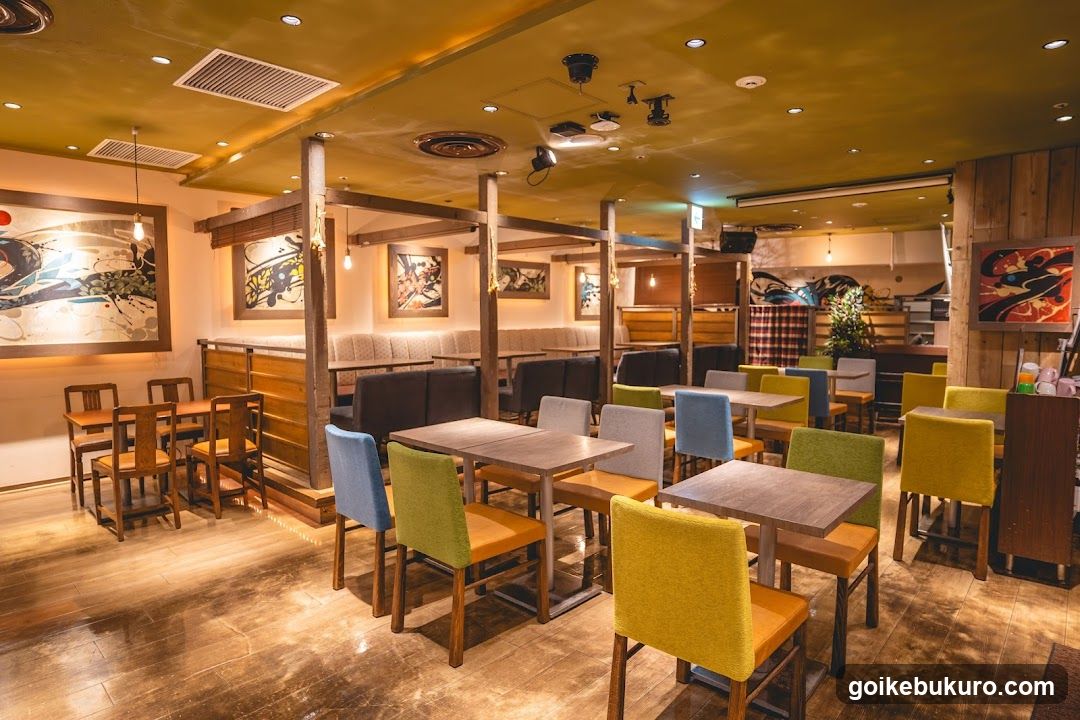 Restaurant Interior with Colorful Chairs and Artwork