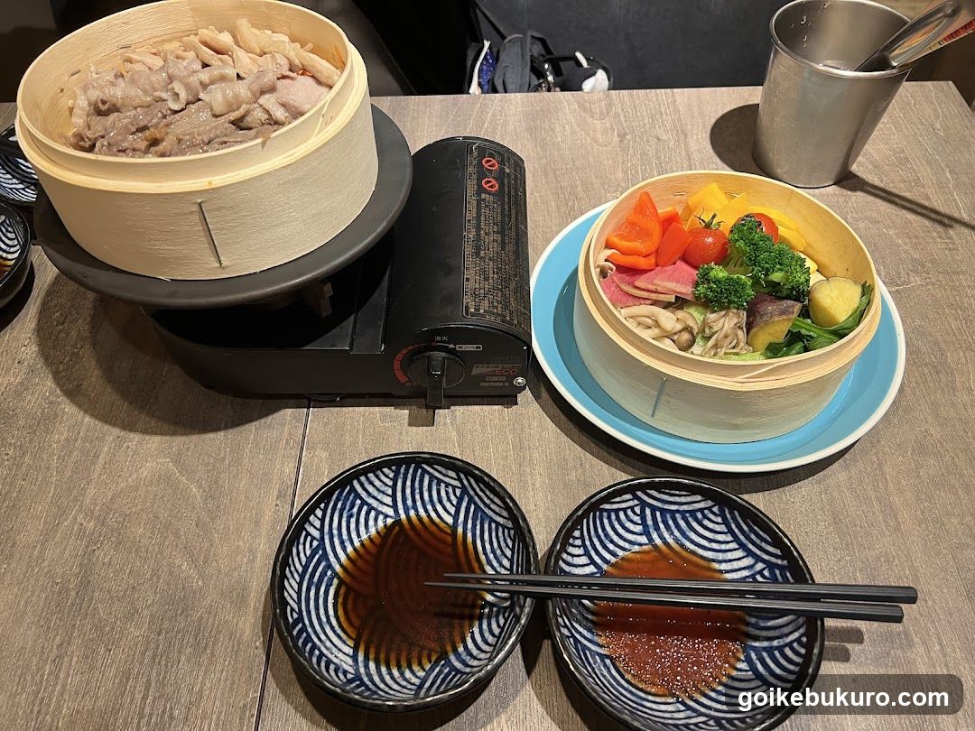 Dining Table with Hot Pot Ingredients and Sauces
