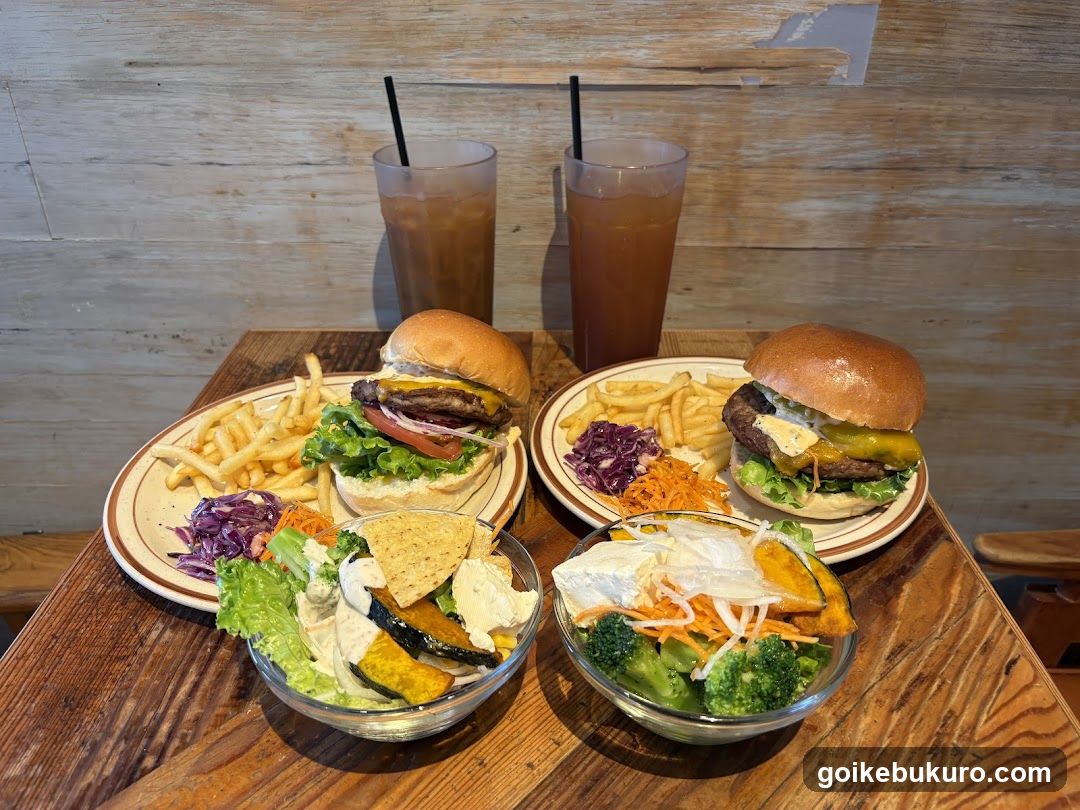 Burger and Salad Meal Spread