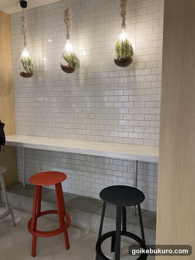 Interior seating area with hanging plants